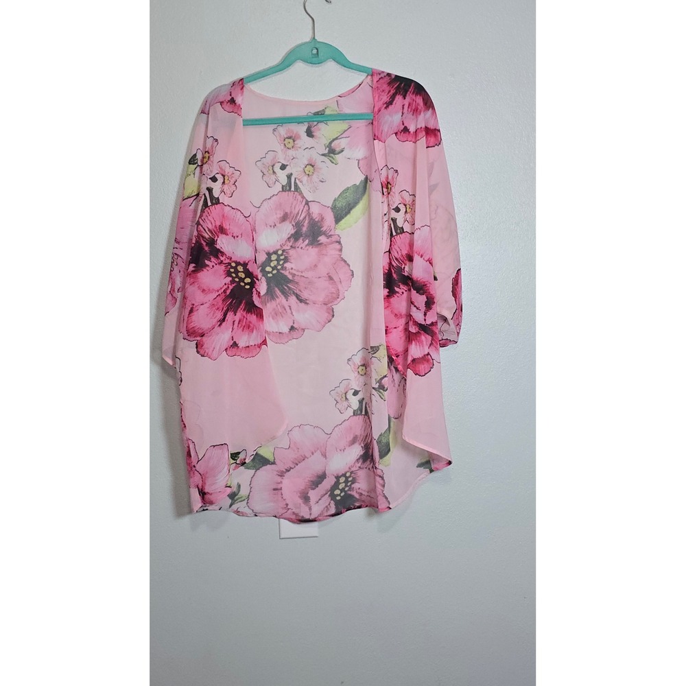 Pink Floral Chiffon Kimono Cardigan Open Front Sheer Wrap Oversized XL
